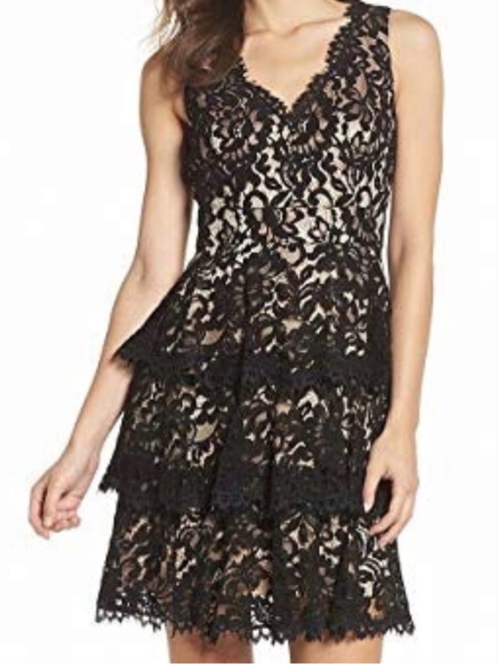 Eliza J Black Lace Tiered V-Neck Mini Dress PETITE - Size 4